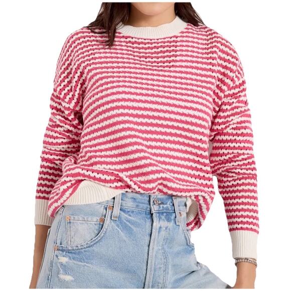 Spiritual Gangster Sz M Pink White Open Knit Stripe Sweater Coastal Preppy Chic - Picture 2 of 8